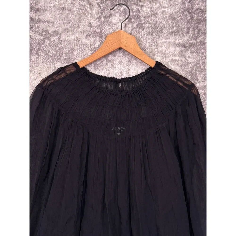 New J Crew Blouse Small Womens Drapey Shirred Top Crinkle Cupro Sheer Black